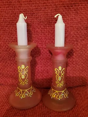 Pair Of Vaseline Pink Glass Candlesticks • £8