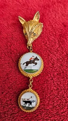 Vintage Gold Plated Fox Brooch Handpainted Graduated Horse & Dogs Pin Brooch  • $0.99