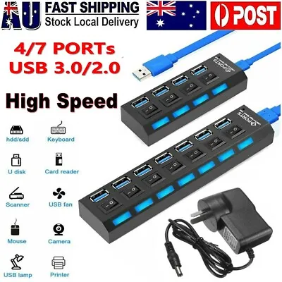 USB 3.0 2.0 High Speed Hub 4/7 Port Powered Splitter ON/OFF Switch Power Adapter • $21.69