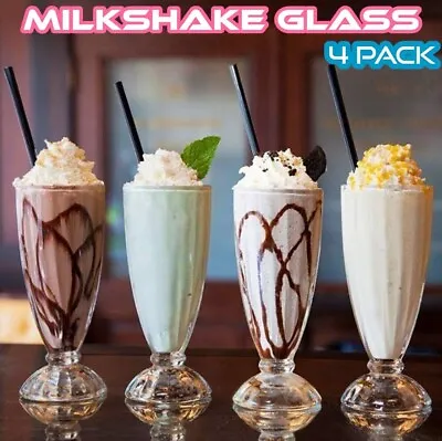 4 Milkshake Glasses Dessert Sundae Ice Cream American Soda Tumblers 360ml • £14.99