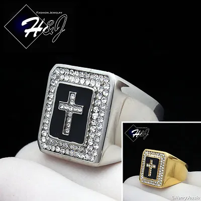 MEN's Stainless Steel Black/Gold Plated Icy Bling CZ Cross Rectangle Ring*R106 • $17.99