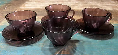 Vintage France Duralex Vereco 4 Cups And 3 Saucers Purple ~ Amethyst • $20