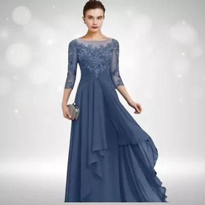 A-Line Dress Elegant V Neck Floor Length Chiffon Lace 3/4 Length Sleeve Size 2 • £144.77