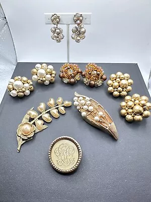 Vintage Lot Faux Baby Tooth Pearl Brooches Earrings Rhinestones Japan! • $25