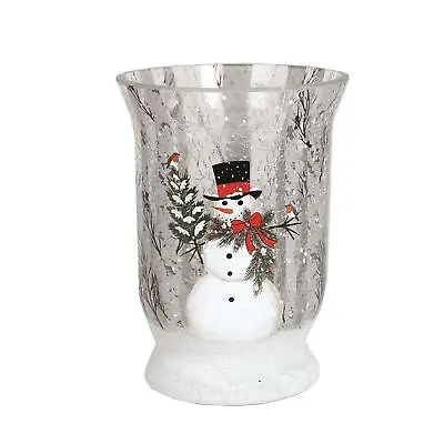 Crackle Glass Christmas Hurricane Tea Light Candle Holder - Snowman  • £11.66