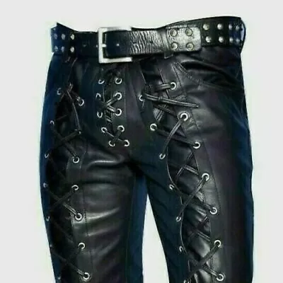 Men's 100% Real Leather Pant Genuine Leather Trouser Black Front & Back Laced Up • $110