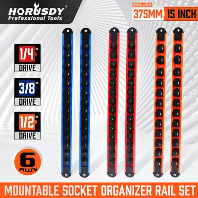 6PC Swivel Socket Holder Set Rack Rail Mount 80 Clips Tool Storage 1/4 3/8 1/2 • £11.99
