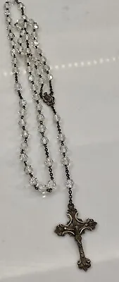 Vtg Rosary Beads Pray Silver 925 Sterling Stamped Catholic Glass &white Faceted • $54.95