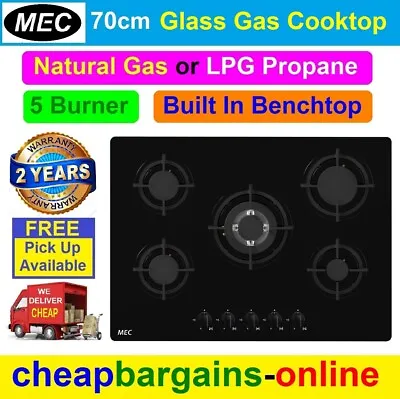 $352.99 • Buy MEC 5 BURNER GAS COOKTOP GLASS BENCHTOP HOTPLATE 70cm NATURAL GAS LPG GAS MGH70B