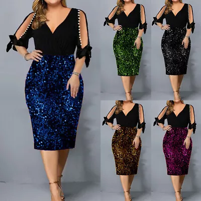 Womens Sequin V Neck Bodycon Cold Shoulder Cocktail Party Evening Mini Dress US • $25.19