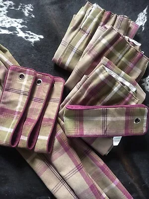 Tab Top 2 Pairs Highland Tartan Lined DUNELM Curtains 53in D 45in W + Tie Backs  • £60