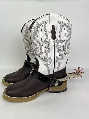 Roper Boots Youth Size 9 White Brown Faux Ostrich Cowboy Western Spurs Included • $15