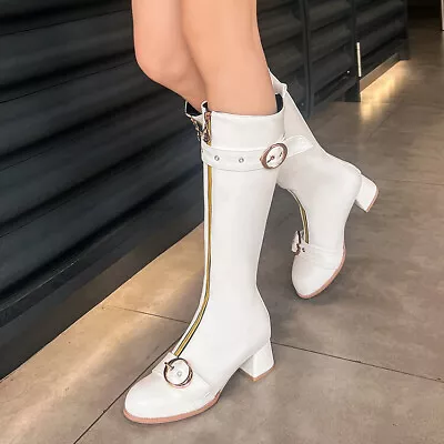 Gothic Buckle Riding Boots Women Chunky Heel Zip Up Knee High Boots Knight Boots • $48.99