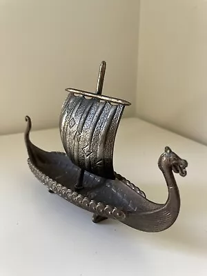 Vintage Metal Viking Ship Dragon Long Boat Model Norge Scandinavia Nordic W Sail • $60