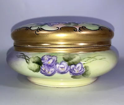 Limoges T&V Porcelain Dresser Powder Jar Box Hand Painted Violets Gold Accents • $59.99