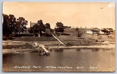 Milton Junction Wisconsin~Long Uphill Path~Lindberg Park~Boat Dock~Pavilion RPPC • $19