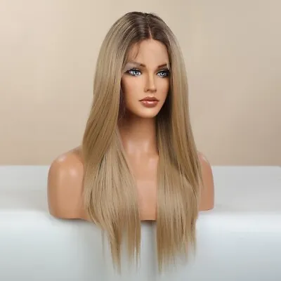 Lace Front Wig Blonde Brown Root Long Straight Heat Resistant Synthetic Handtied • £23.99