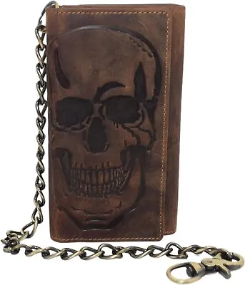 Biker Skull Chain Wallet RFID Signal Blocking Men's Vintage Leather Long... • $34.99