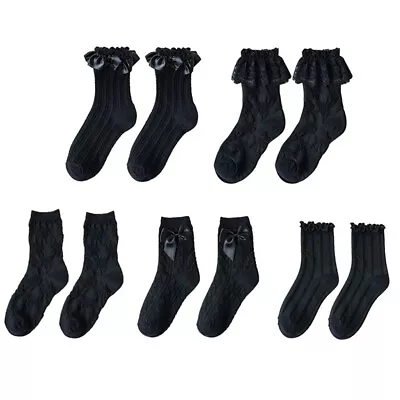 Women Black Crew Socks Gothic Frilly Ruffled Lace Striped Ankle Hosiery • $15.88