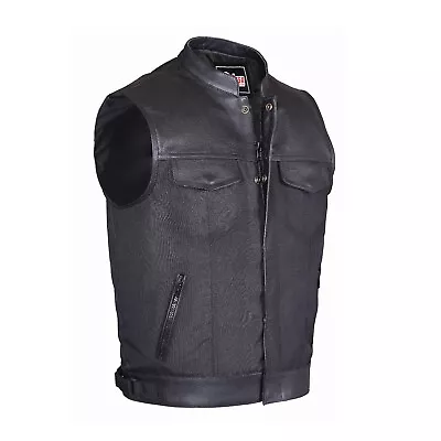 Mens Codura Biker Waistcoat/Vest Black Real Leather Trim • £35.98