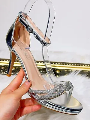 New Womens Ladies Diamante High Heel Strap Open Toe Party Wedding Sandals Shoes • £14.24