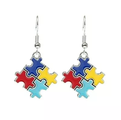 Autism Awareness Colorful Enamel Puzzle Pieces Fishhook Charm Earrings • $14.99