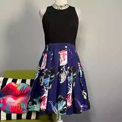 Aidan Mattox Blue Black Floral Pleated Fit And Flare Cocktail Dress 10 • $28.99