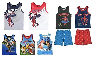 Kids Boys Spiderman Captain America Paw Patrol Marvel Vests T-Shirts Short Sets • £6.99