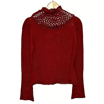 Moda International Turtleneck Wool Sweater Womens Medium Puff Sleeve Crochet Red • $24