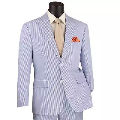 VINCI Men's Blue Striped Seersucker 2 Button Modern-Fit Suit 100% Cotton NEW • $110