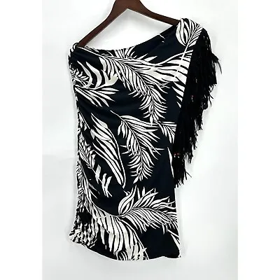 Va Va Voom Dress Womens One Shoulder Leafs Pattern Fringe Feathers Black White S • $16.09