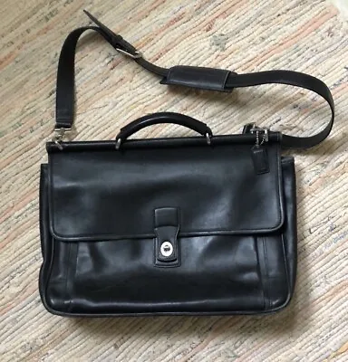 Vintage Coach Black Leather W Nickel Crossbody Laptop Briefcase Willis Beekman ? • $95