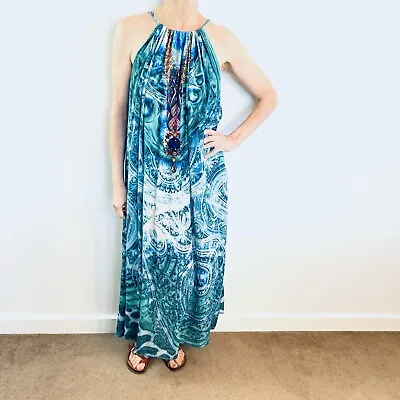 Inoa Size OS 8 10 12 14 16 Blue Silk Drawstring Maxi Dress Australian Label • $99