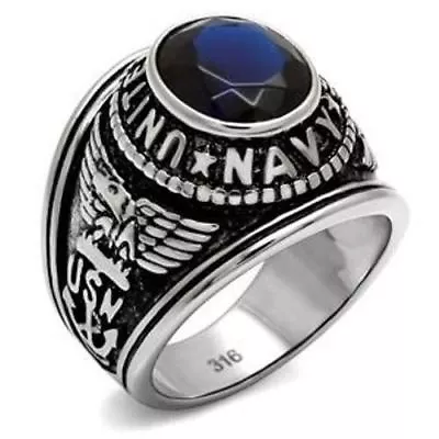 TK316 Silver Stainless Steel Mens Navy Military Sapphire CZ Wide Band Ring • $22.88