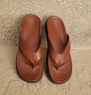 UGG Men's Wainscott Flip Flop Sandals Cognac Brown Leather 1117475 Size 9 • $69