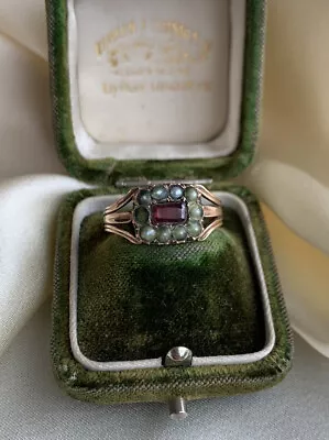£290 • Buy Georgian Flat Cut Garnet And Pearl Halo Ring In Yellow Gold