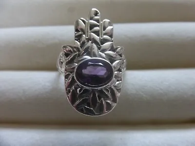 Hand Of Hamsa  Amethyst Solitaire Ring. Decorative Sterling Silver. Size P • £17