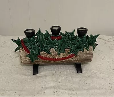 Vintage Atlantic Mold Christmas Yule Log Candle Holder Holly Berries Ceramic • $39.95