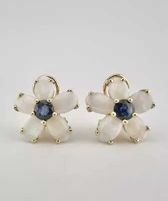 Designer 14K Yellow Gold Fire Opal & Sapphire Daisy Flower Omega Back Earrings • $595