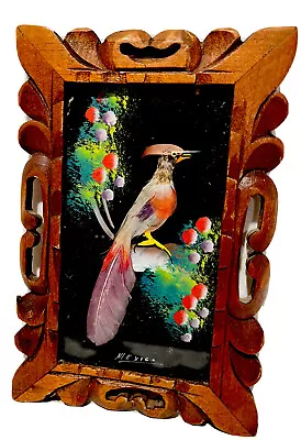 Vintage Mexican Folk Art Feathercraft Feather Bird Wall Hanging Carved Frame • $15