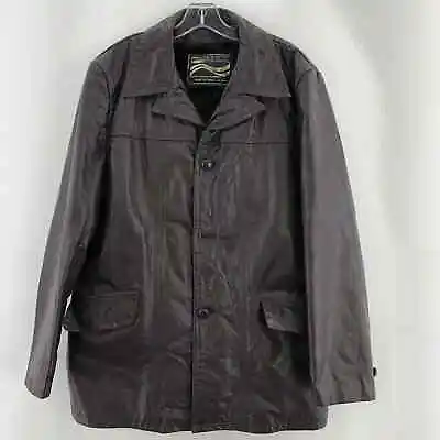 VTG Montgomery Ward Brown Leather Faux Fur Lined Trench Coat Jacket Men 42 • $19.25
