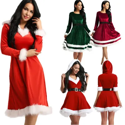 US Womens Mrs Claus Santa Christmas Long Sleeve Dress Xmas Velvet Hooded Costume • $8.99