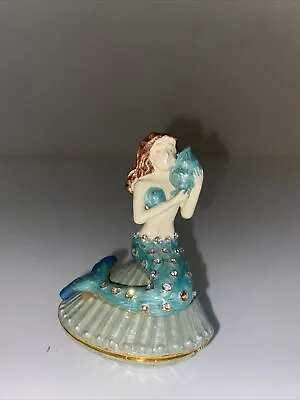 Mermaid Sea Shell Enameled Metal Jeweled Trinket Box Hinged Gold Tone Sea Life • $22