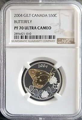 (TOP POP 3/0) 2004 Canada Silver 50 Cent Gilted Butterfly Proof NGC PF 70 • $89