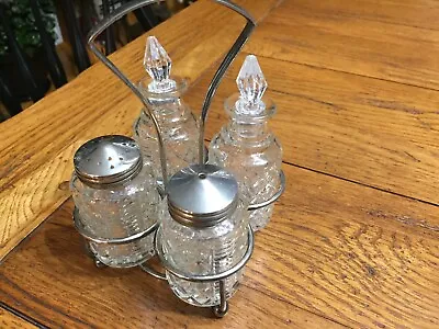 Set Of Vintage Clear Cut Glass Oil & Vinegar Cruets Salt & Pepper Shakers Caddy • $16
