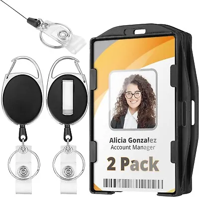 ID Badge Holder W/Retractable Reel Clip (Black 2 Pack) Heavy Duty Name Card Ree • $8.38