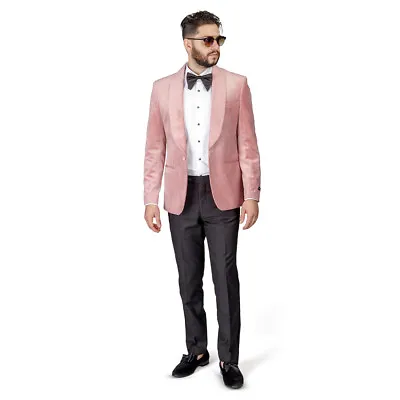 Pastel PINK Shawl Lapel VELVET Jacket Slim Fit Tuxedo 1 Button Black Pants AZAR • $149