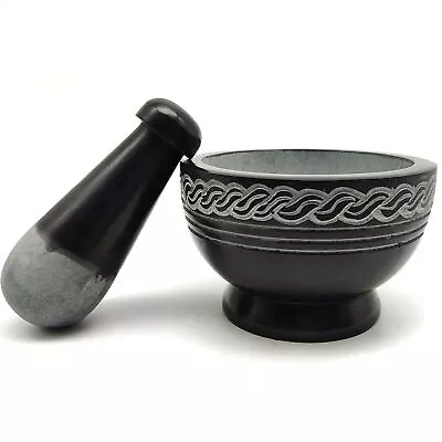 Celtic Knot Carved Black Soapstone Mortar & Pestle All Natural Hand-carved India • $38