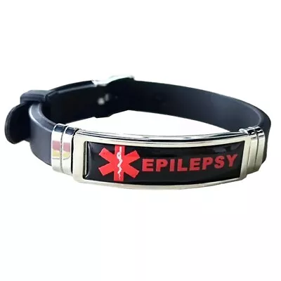 Epilepsy Medical Alert Bracelet Silicone Stainless Steel Adjustable Black • $8.99