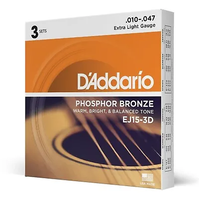 3 Set D'Addario EJ15 Acoustic Guitar Strings Extra Light Phosphor Bronze EJ15-3D • $17.99